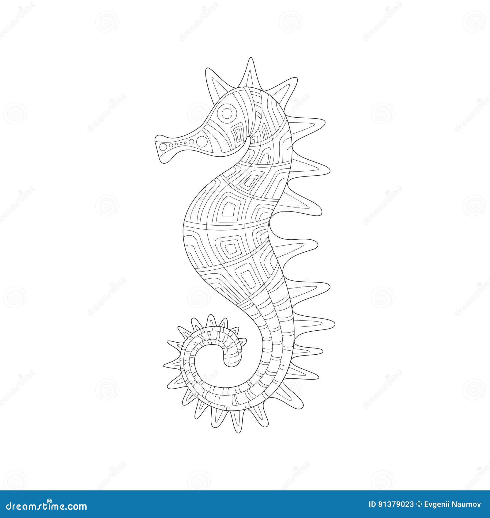 Illustrazione di libro da colorare in bianco e nero adulta di Zentangle della natura subacquea del mare dell ippocampo
