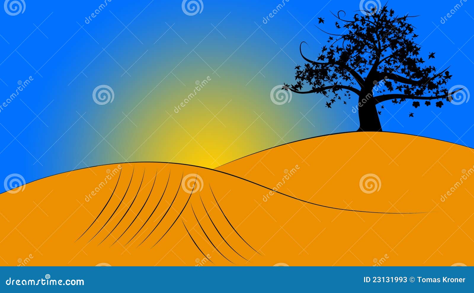 Illustrazione di paesaggio. Illustrazione di tramonto con l'albero ed il terreno arabile. Ci è un posto per testo dalla parte di sinistra.