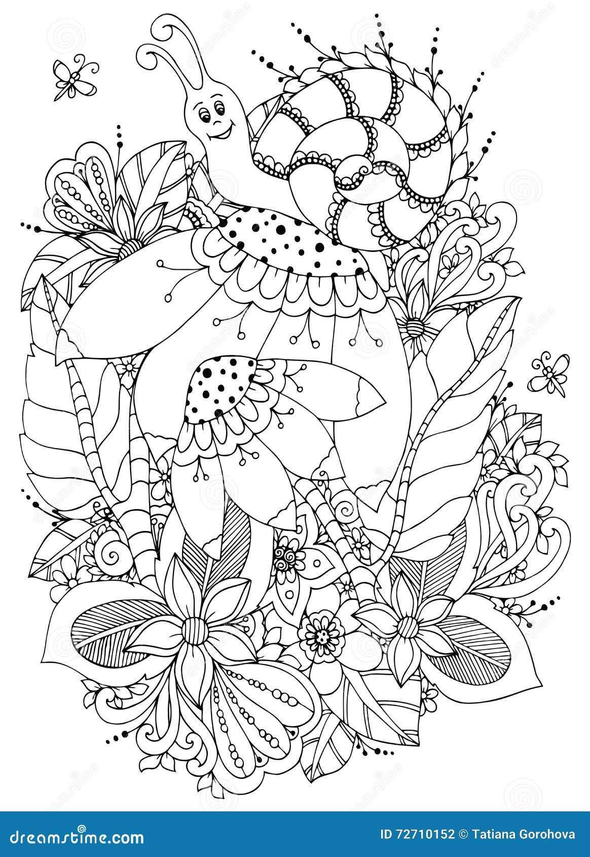 Illustrazione Zen Tangle Snail di vettore sui fiori Disegno di scarabocchio Anti sforzo del libro da colorare per gli adulti Bian