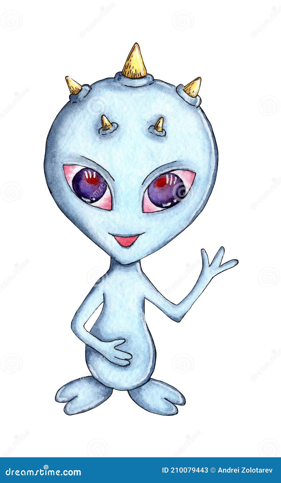 Um desenho de um alienígena verde com olhos roxos.