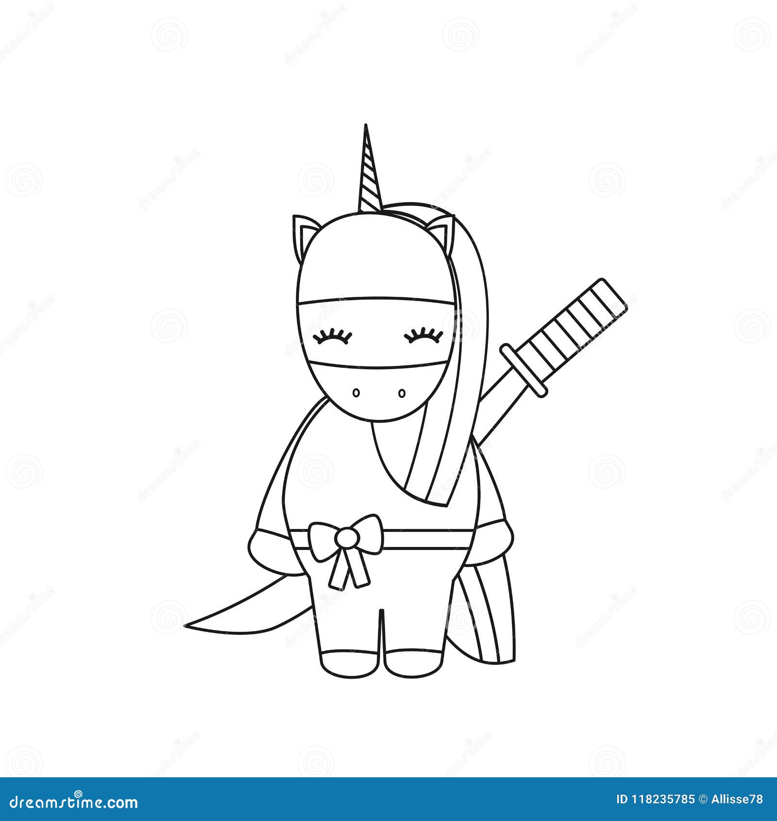 Ilustração Bonito Do Vetor Dos Desenhos Animados Com Unicórnio Preto E  Branco Do Ninja Com Espada Ilustração do Vetor - Ilustração de animal,  encantador: 118235785