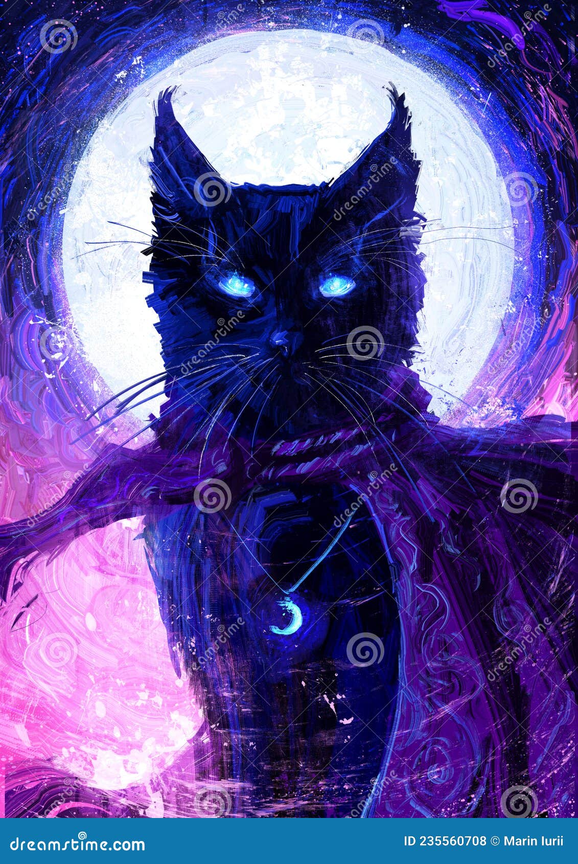 Gato roxo em uma floresta mágica à noite