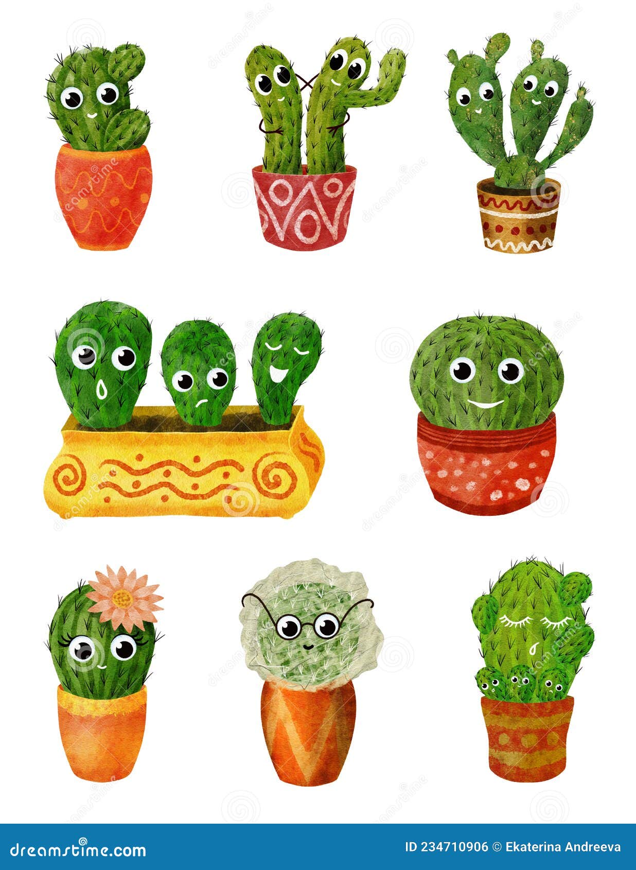 Conjunto De Cactos Desenhados À Mão. Cacto De Desenho Animado