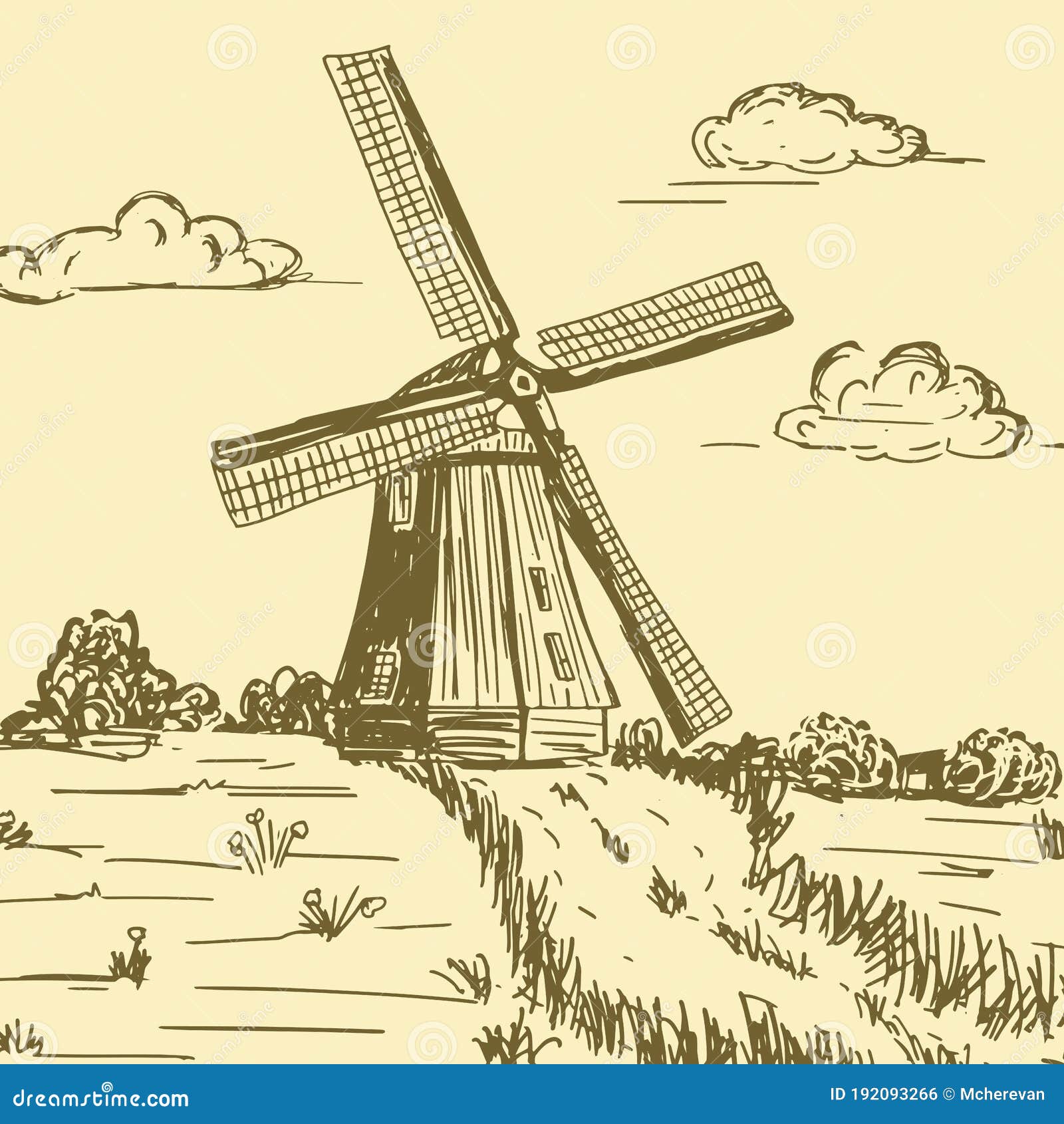 moinho de vento, ilustração vetorial de rabiscos, desenho à mão