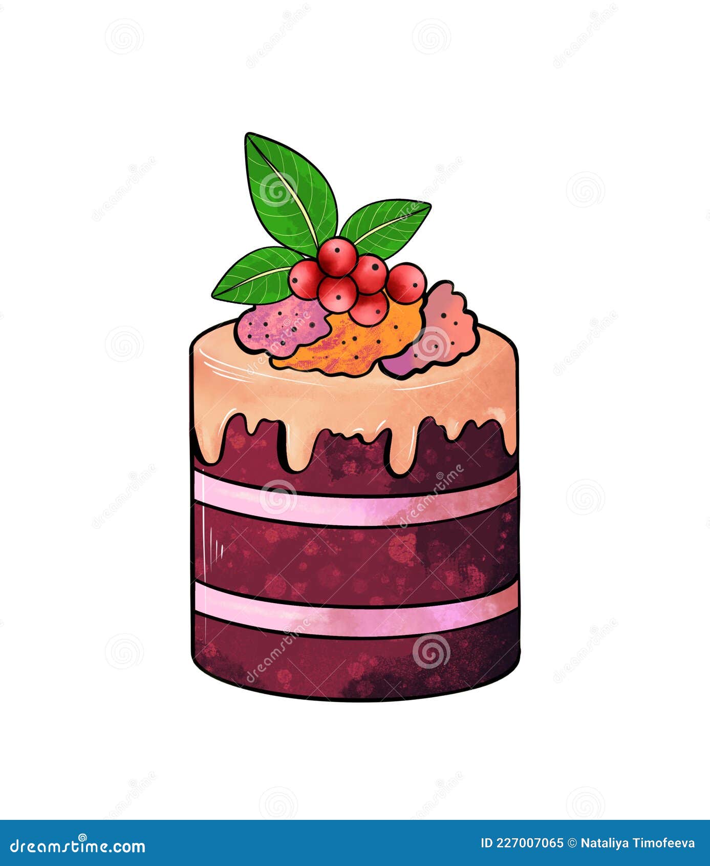 Ilustração de um desenho colorido de bolo de mousse redondo marrom de doces  decorado com glacê bege e