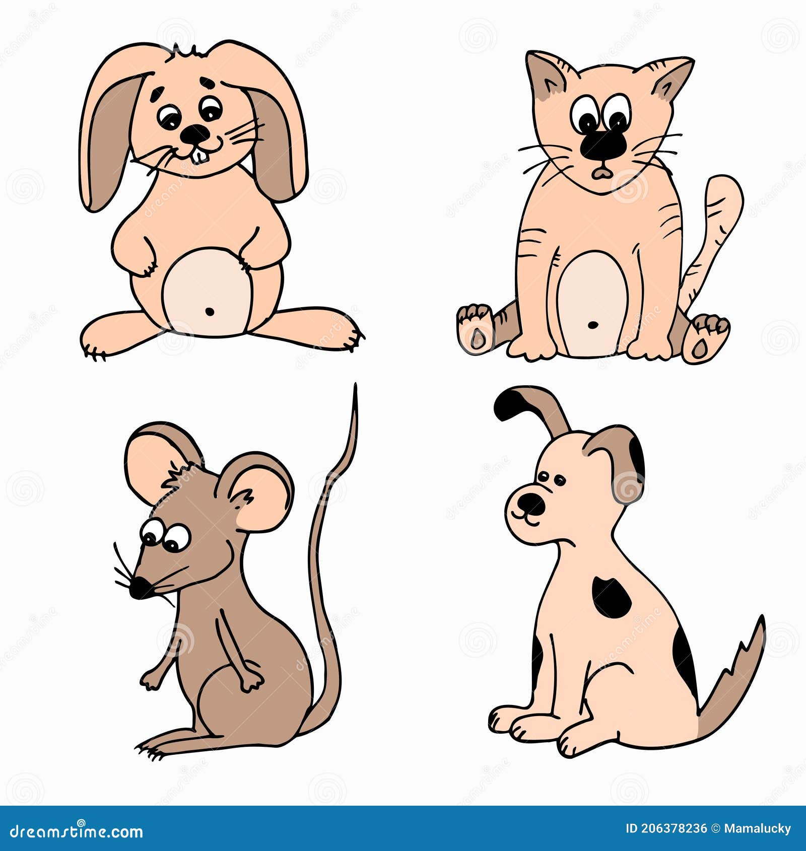 Conjunto de ilustração de doodle de desenho animado de animais kawaii