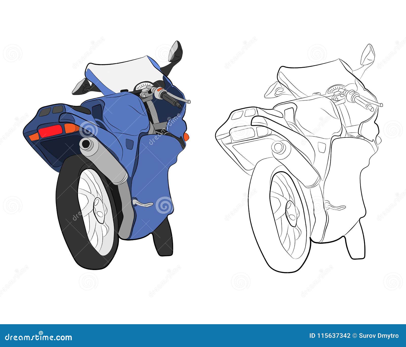 Desenho de motociclista em uma motocicleta, ilustração vetorial de contorno