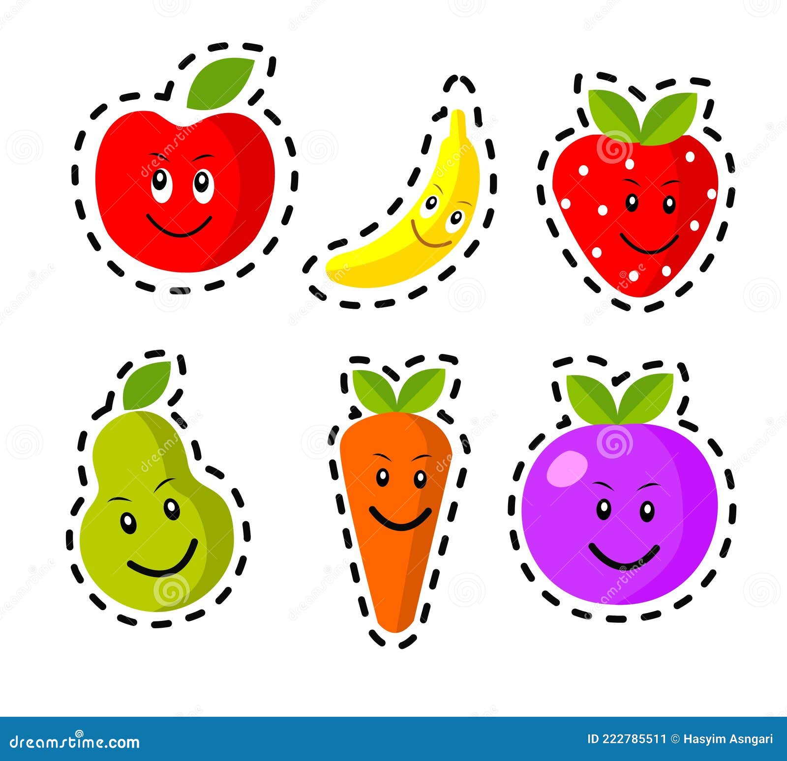 Conjunto De Adesivos Com Frutas Kawaii Fofas. Ilustração Stock