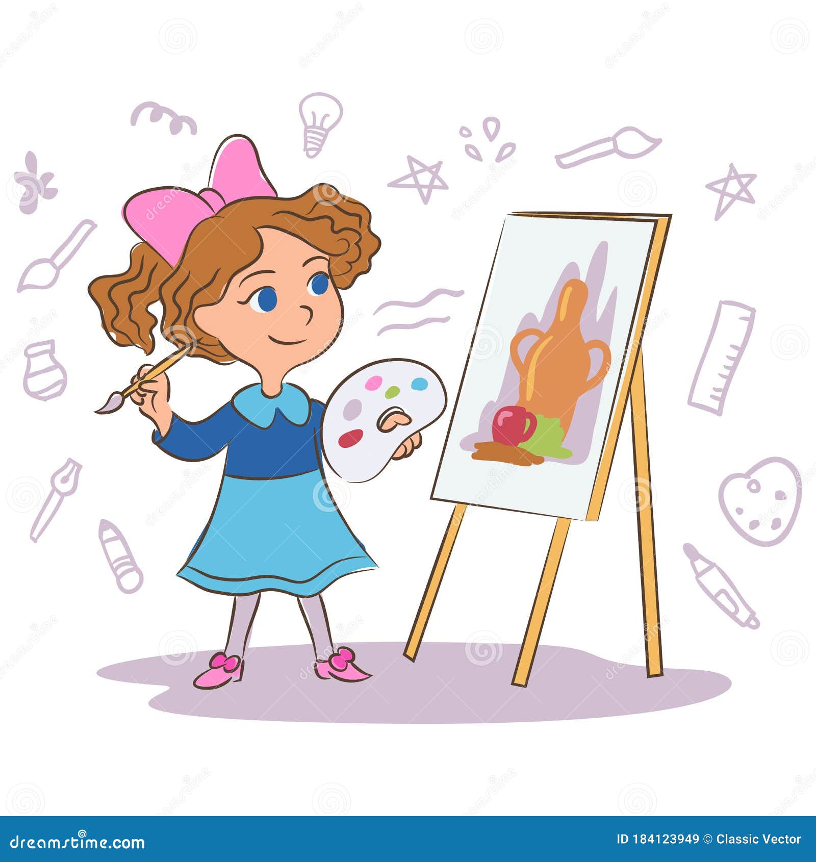 Ilustração vetorial de uma garota de desenho animado pintando uma flor em  uma tela com um pincel