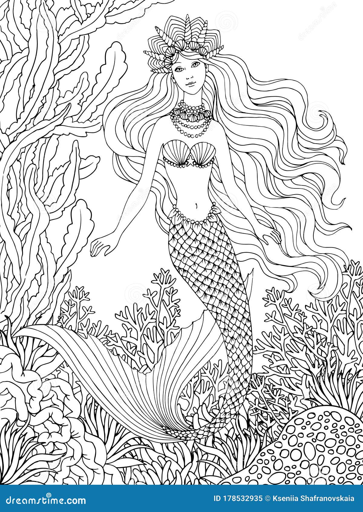 sereia sob o mar desenhada à mão para livro de colorir adulto