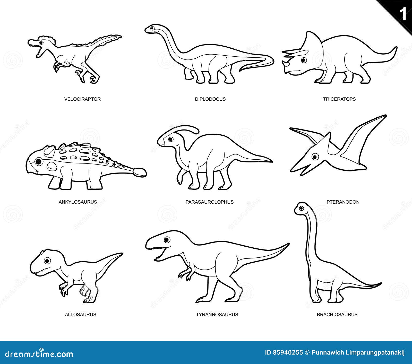 Coleção de dinossauros de desenhos animados de diferentes tipos.