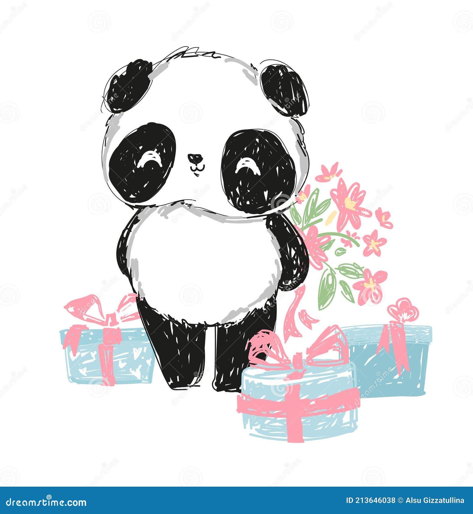 Urso Panda Desenhado à Mão Com Flores Desenho De Impressão Em