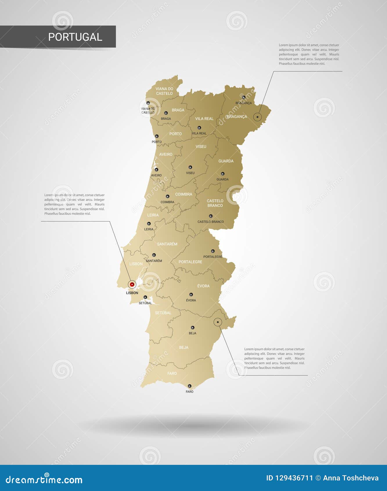 Portugal Mapa Divisões Administrativas e Estradas imagem vetorial