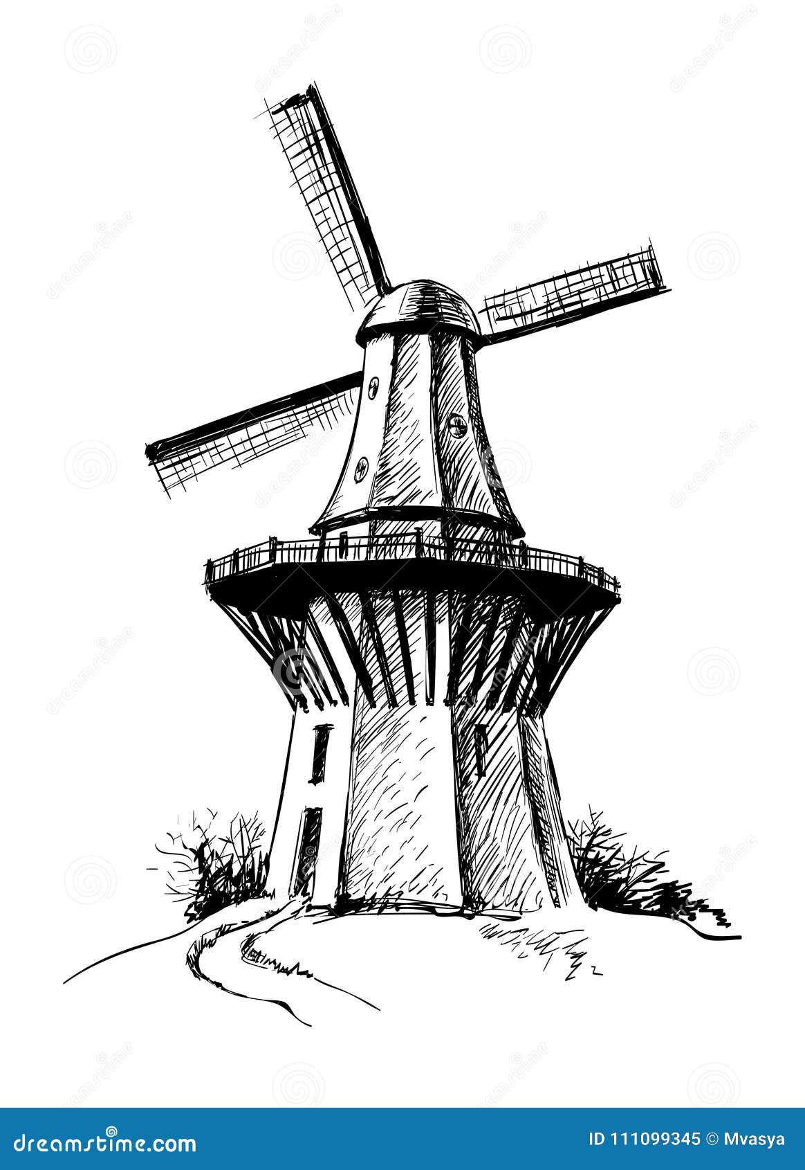 Moinho de vento, ilustração gravada do esboço desenhado do moinho