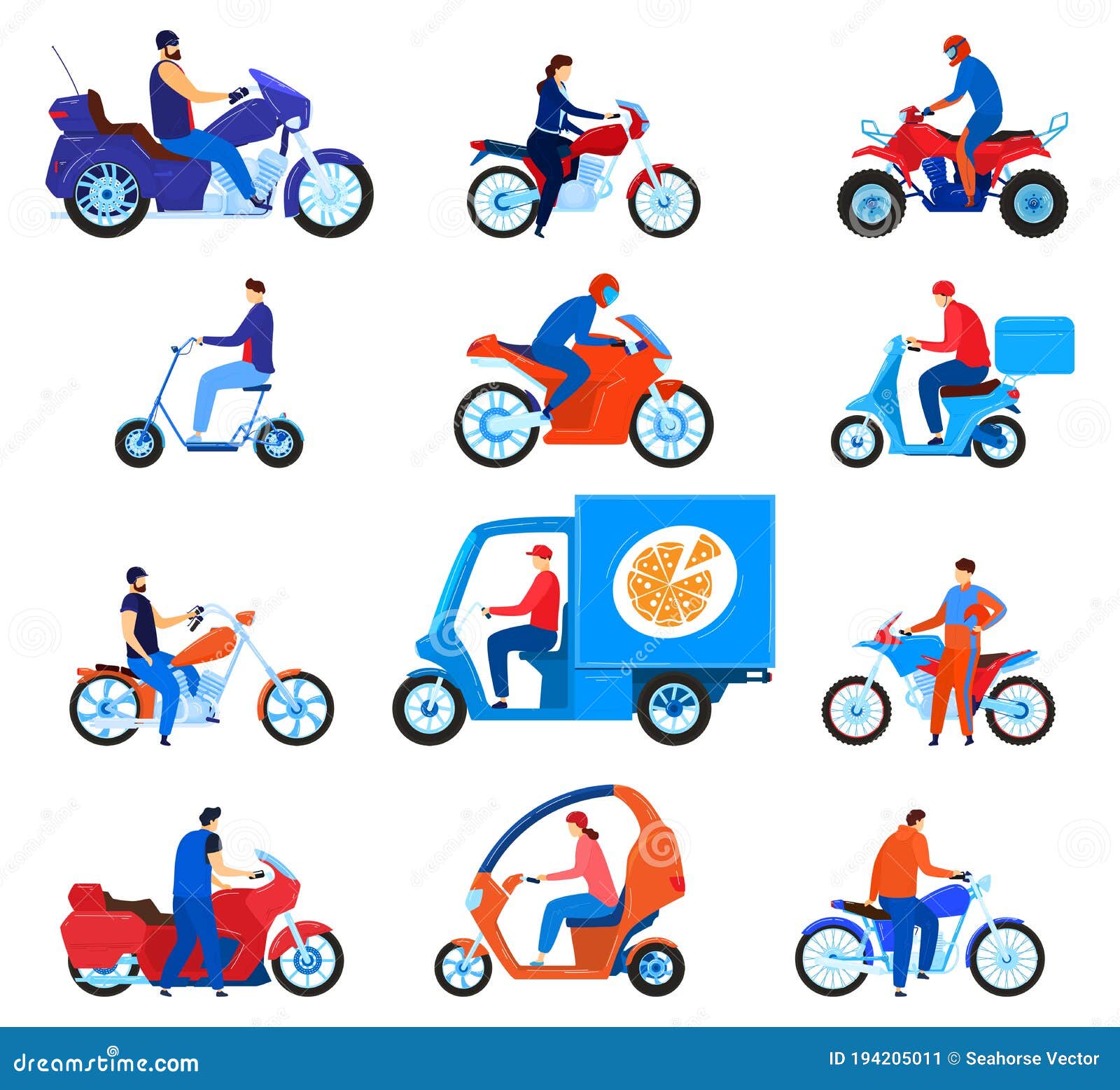 Conjunto de vários itens planos de motos. motos de desenho animado,  motocicletas, scooters e coleção de ilustração vetorial isolado de  bicicletas. conceito de transporte e entrega