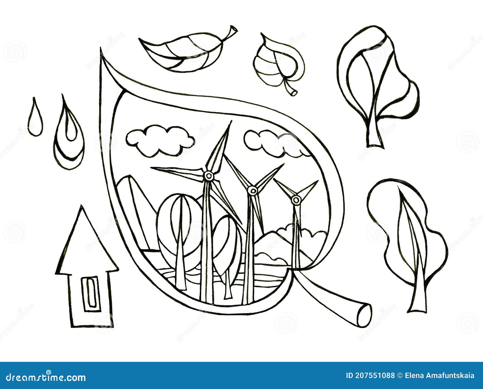 Ilustración De Ahorro De Energía Dibujo a Mano Con árboles De Hojas De  Molino De Viento. Stock de ilustración - Ilustración de cuerda, agua:  207551088