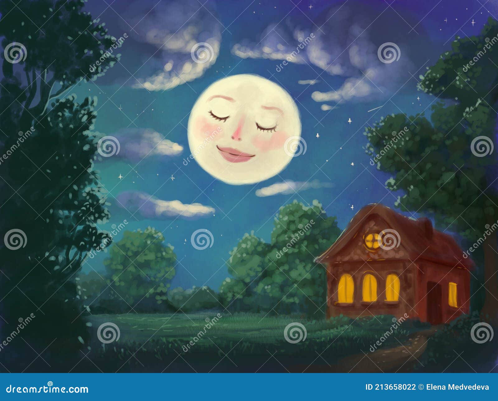 Ilustración De Paisaje De Noche Lindo. Luna Sonriente Sobre El Fondo De Los  árboles Del Cielo Nocturno Y Una Casa Con Ventanas Ama Stock de ilustración  - Ilustración de exterior, concepto: 213658022