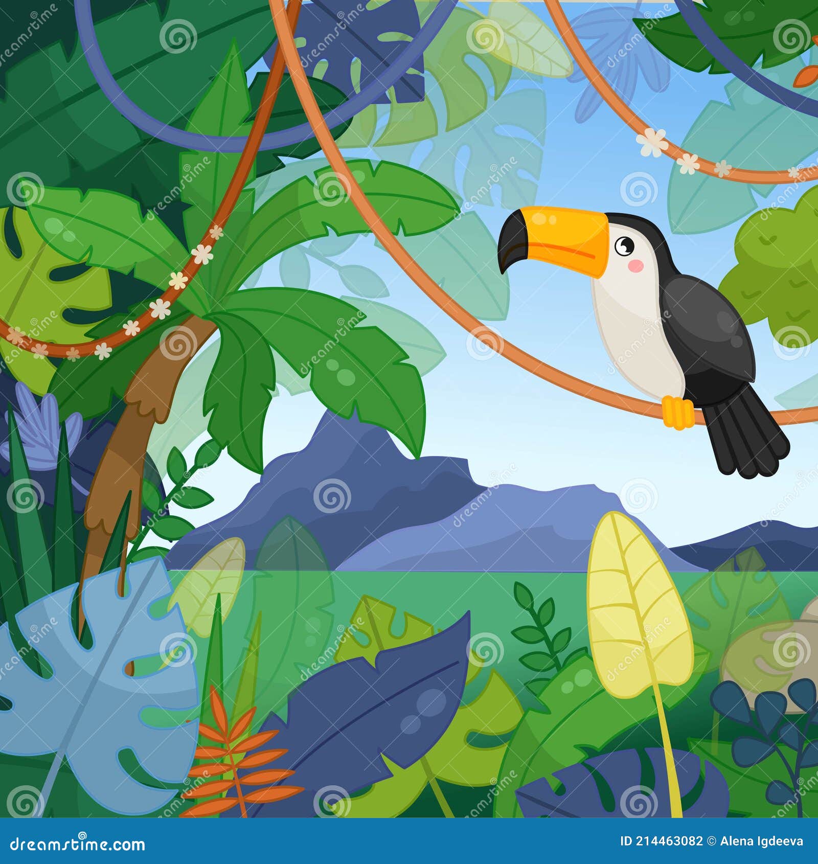 Ilustración De Un Paisaje De La Selva En Estilo De Dibujos Animados.  Ilustración del Vector - Ilustración de palma, arte: 214463082