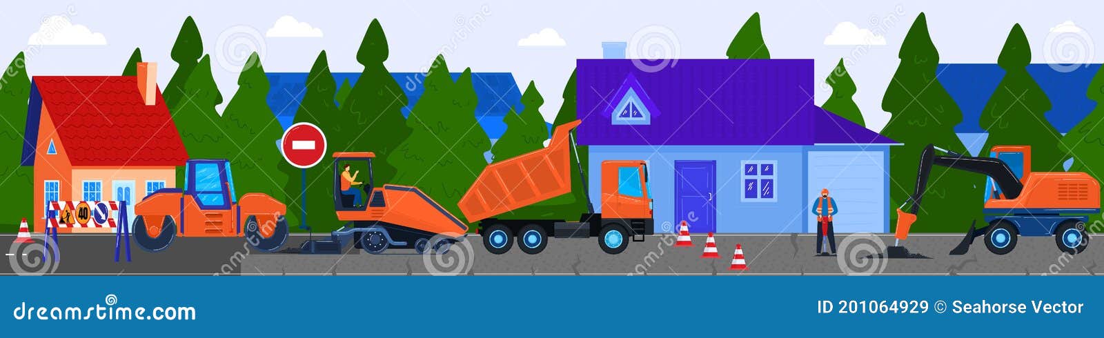 Ilustración De Vector De Construcción De Carreteras Dibujos Animados  Trabajadores Planos Trabajando Con Máquina De Pavimentación D Ilustración  del Vector - Ilustración de carretera, servicio: 201064929