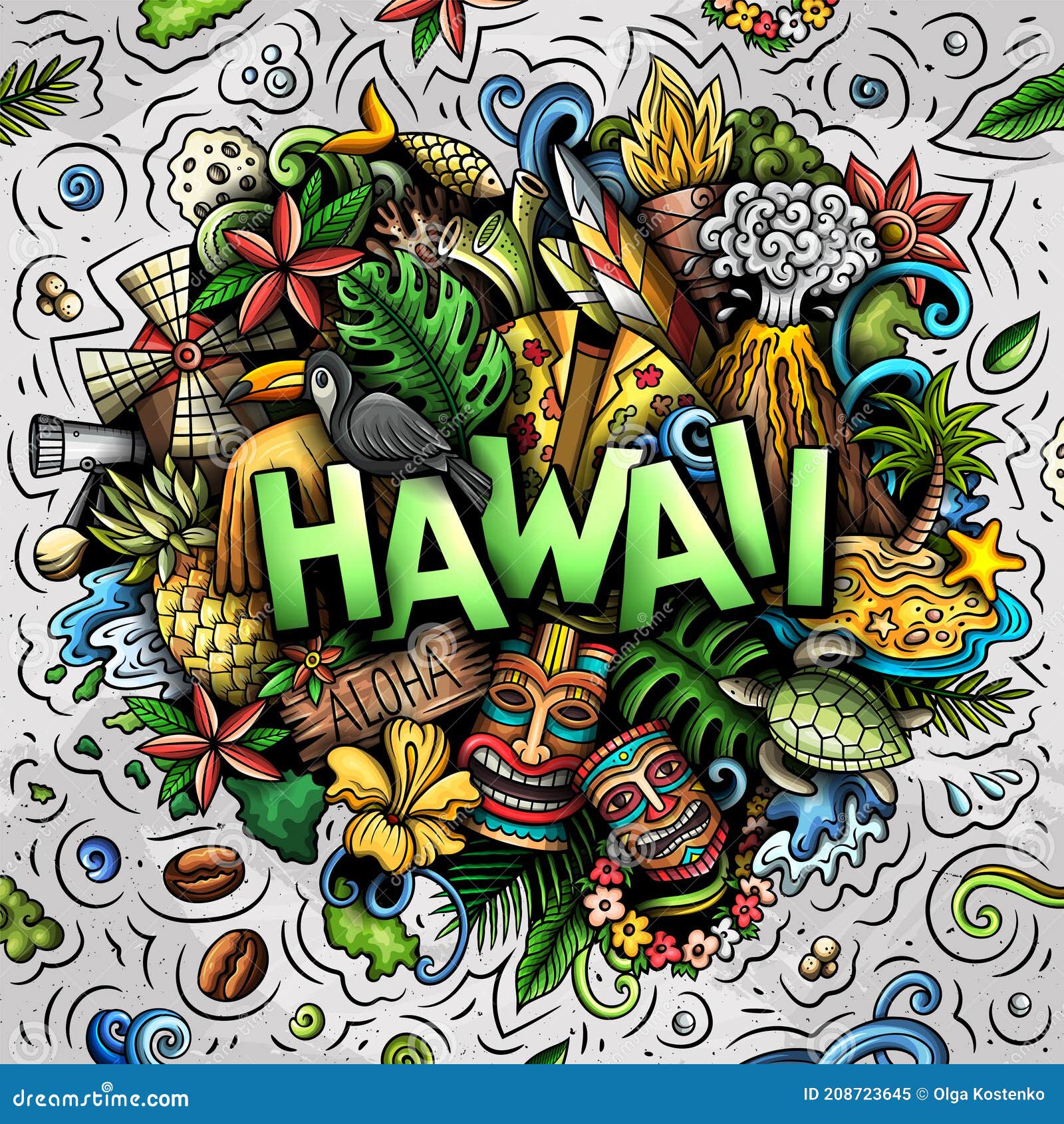 Ilustración Del Doodle De Dibujos Animados De Hawaii. Diseño Hawaiano  Divertido Ilustración del Vector - Ilustración de divertido, telescopio:  208723645