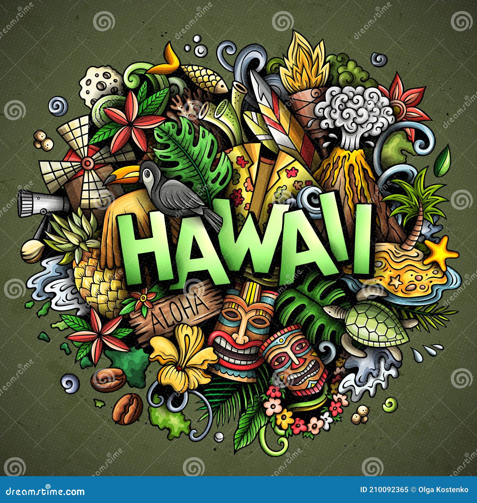 Ilustración Del Doodle De Dibujos Animados De Hawaii. Diseño Hawaiano  Divertido Ilustración del Vector - Ilustración de aventura, hawai: 210092365