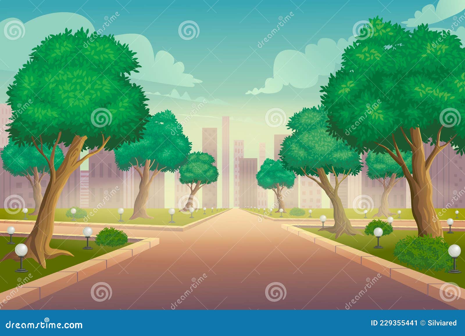 Ilustración Del Parque De La Ciudad En El Fondo Vectorial De Verano. Parque  Con Césped Y árboles Verdes Ilustración del Vector - Ilustración de verde,  calzada: 229355441