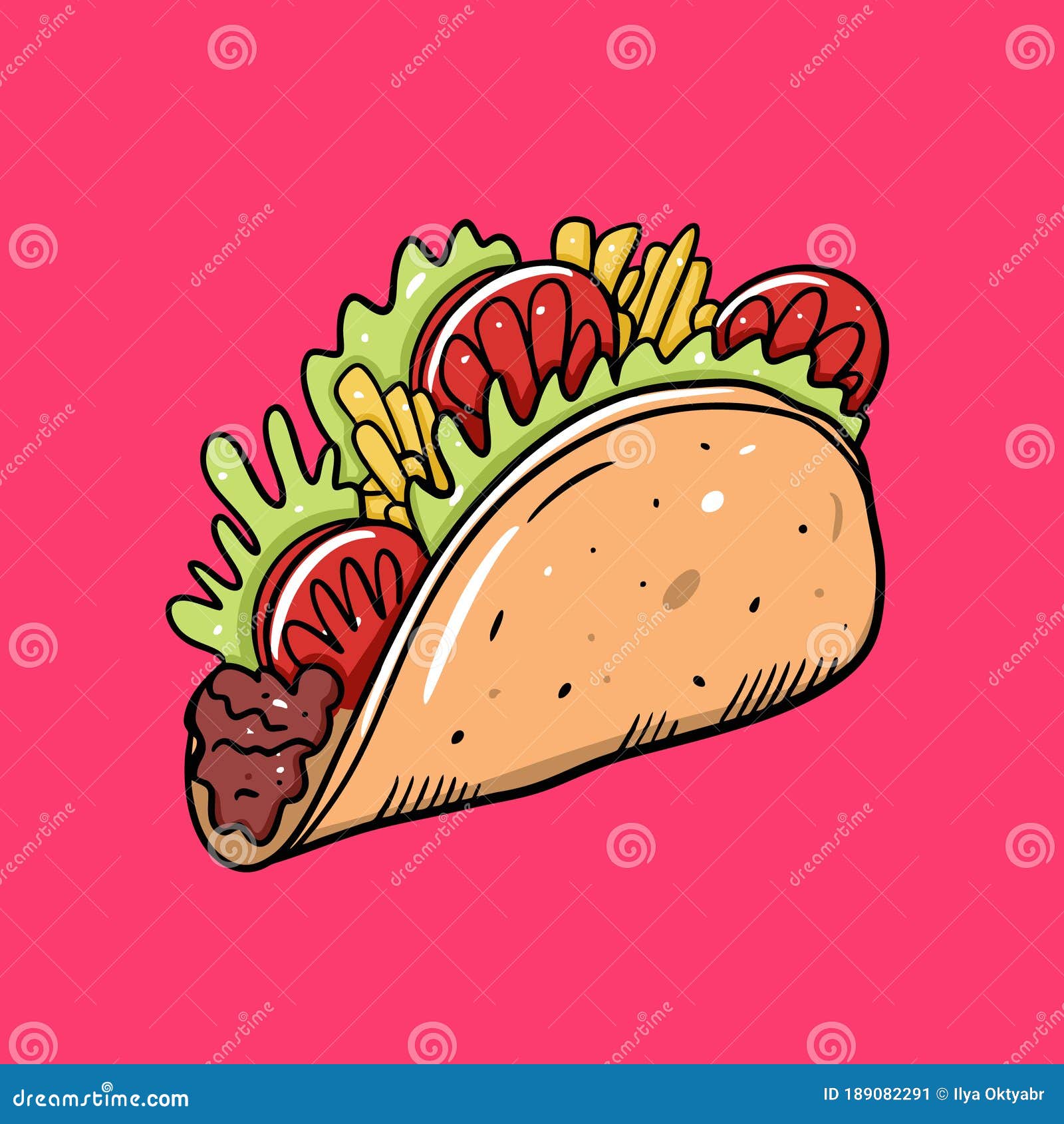 Ilustración Del Vector Taco. Comida Mexicana. Estilo De Dibujos Animados.  Aislado En Fondo Rosa. Ilustración del Vector - Ilustración de alimento,  cena: 189082291