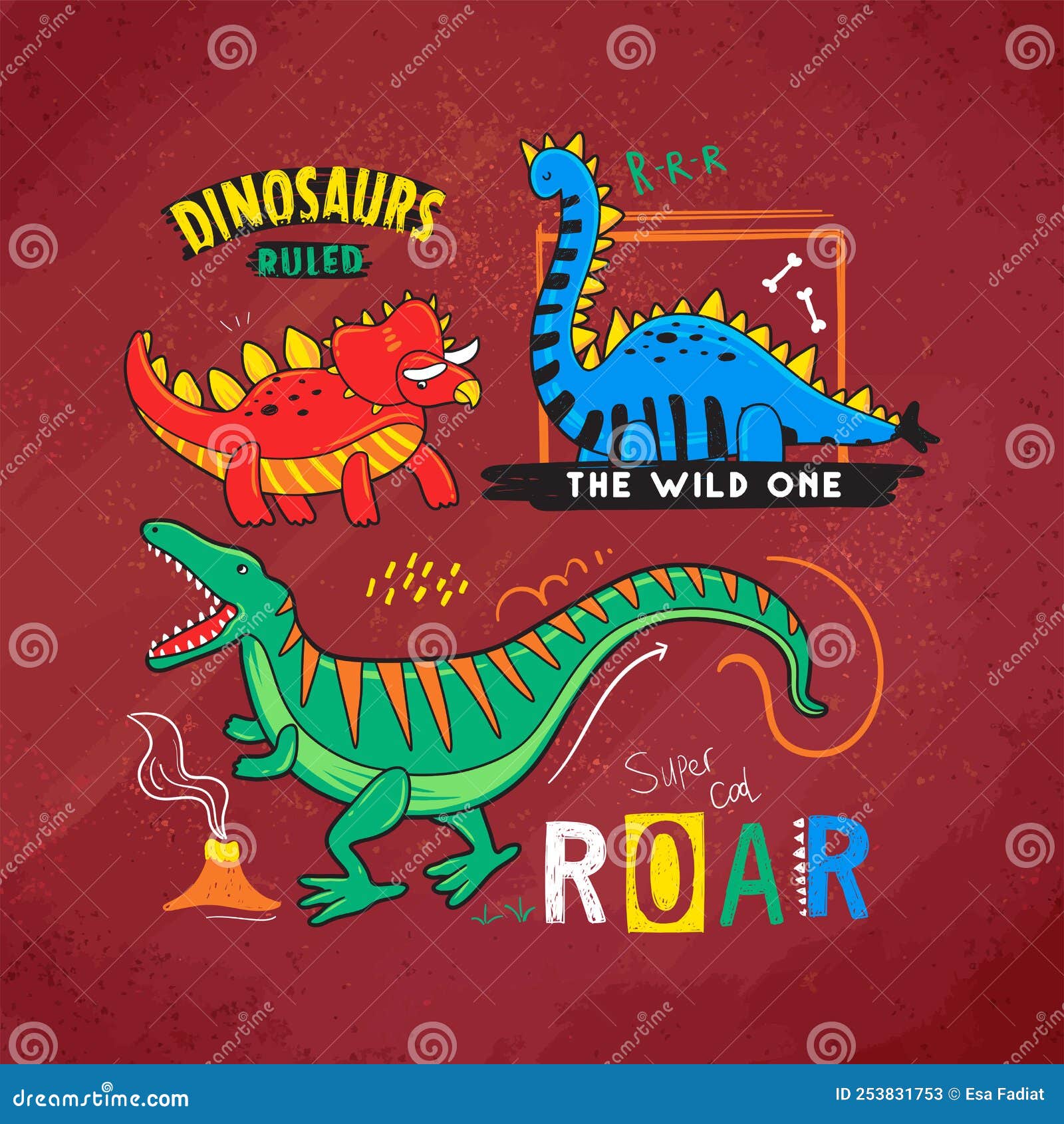 Ilustración Vectorial De Dinosaurios Para Camisetas O Afiches De Niños  Ilustración del Vector - Ilustración de elemento, bandera: 253831753