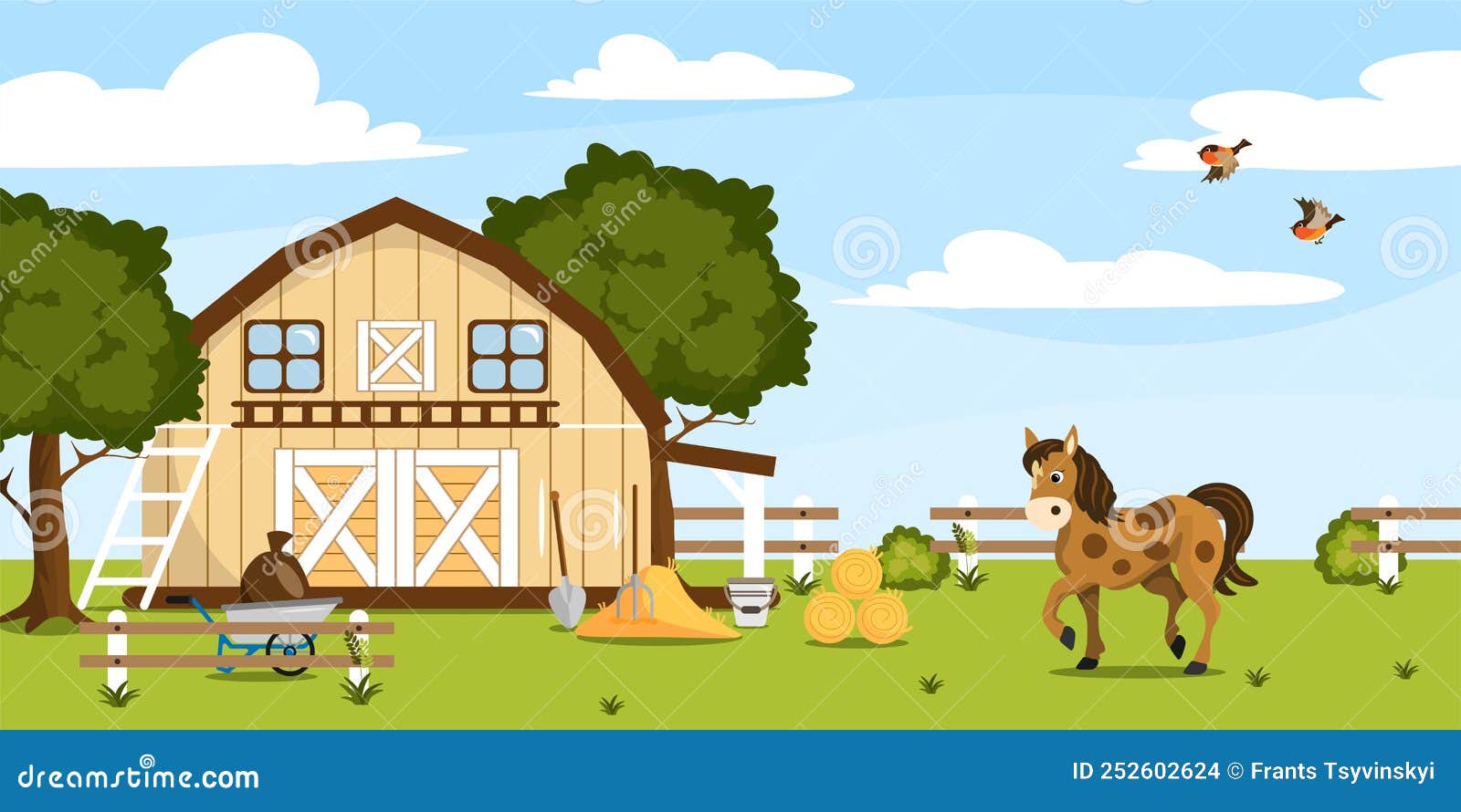 Ilustración Vectorial De Una Hermosa Granja De Verano. Paisaje De Dibujos  Animados Con Aves De Caballo En Granero Vallas Heno Ilustración del Vector  - Ilustración de cubo, escena: 252602624