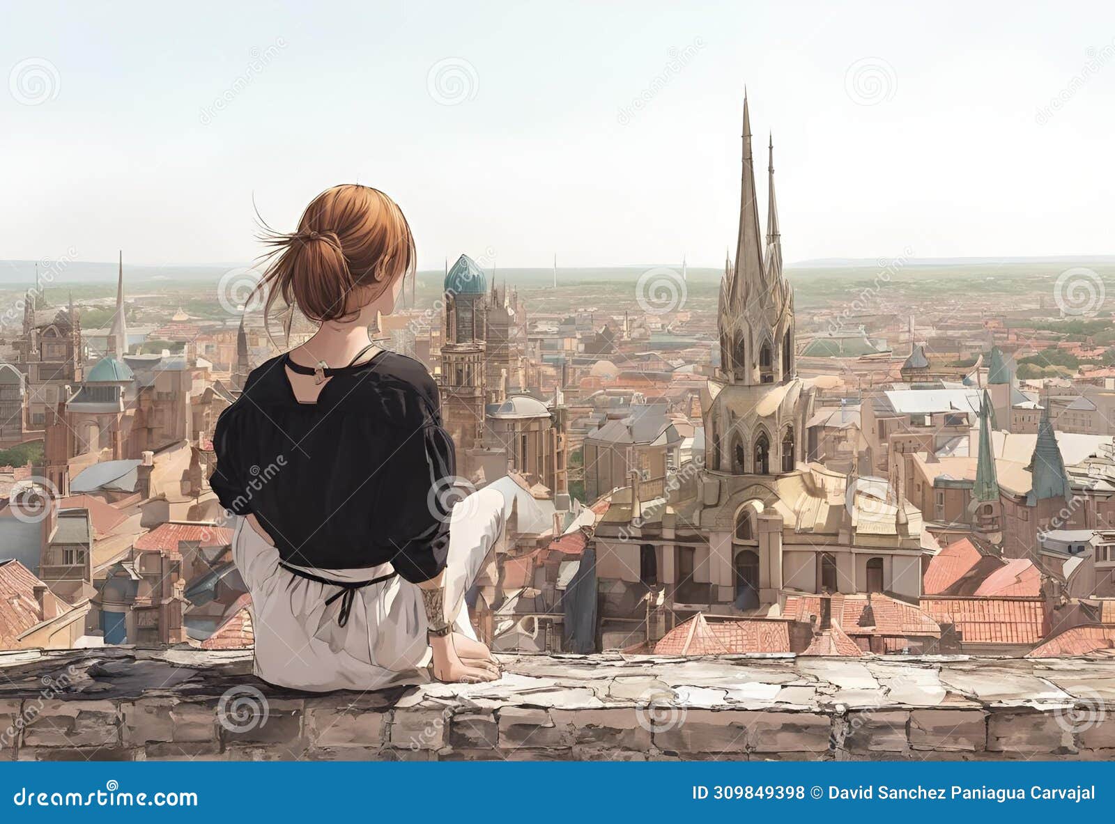 ilustraciÃ³n de anime de chica observando la ciudad