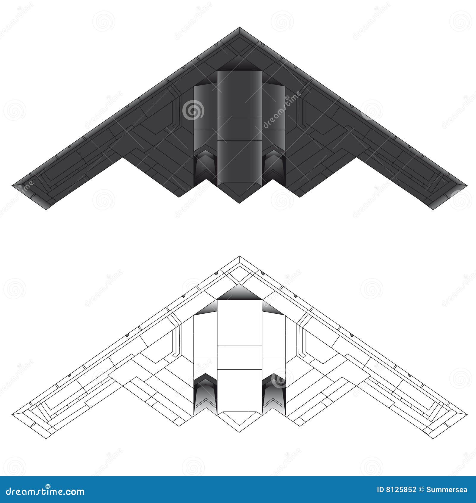 Ilustración del vector del bombardero B-2. Ilustración del vector de la opinión inferior del bombardero B-2 en color y esquema