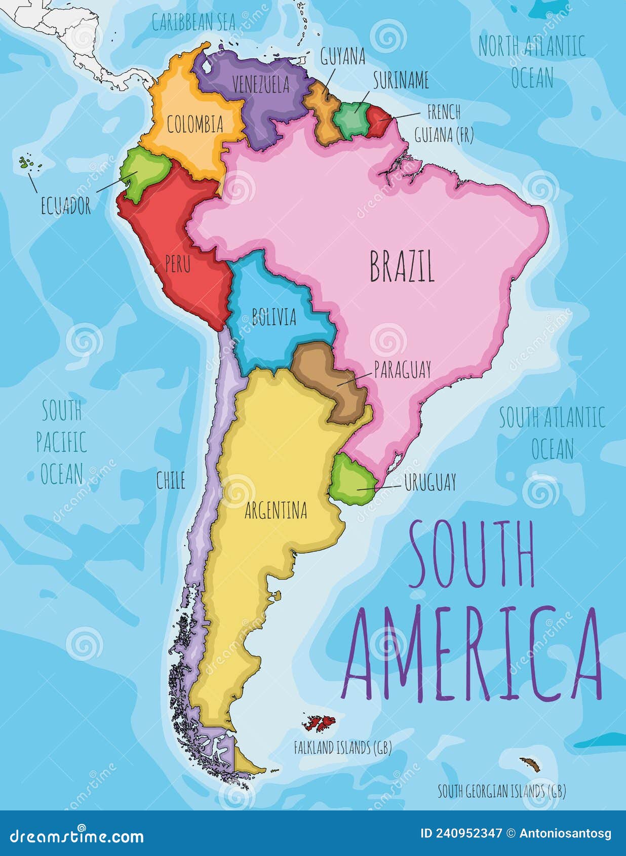 Ilustración Vectorial De Mapa Político De Sudamérica Con Colores Diferentes Para Cada País