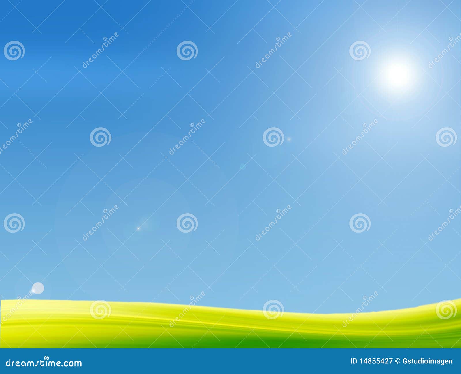 Grama verde, o céu azul e sol da luz. Ilustração da natureza