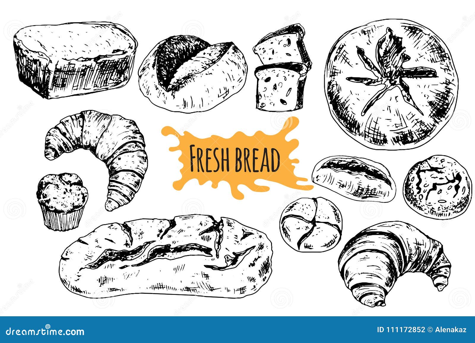 Ilustração ajustada tirada mão do vetor do pão Outros tipos de trigo, flour o pão fresco Coleção gravada padaria do alimento do glúten O preto coze o alimento biológico isolado no fundo branco