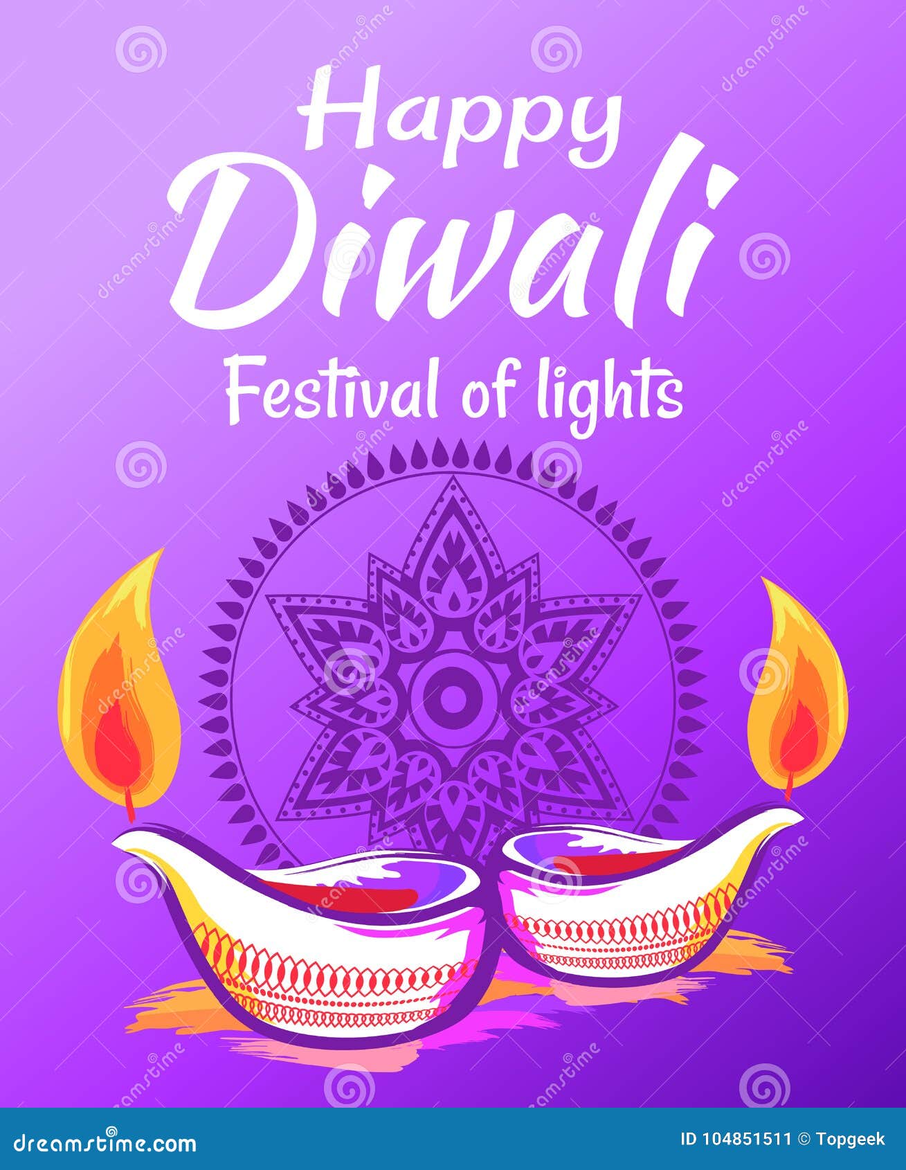 Ilustração feliz do vetor do desejo de Diwali 2017. Desejo feliz de Diwali 2017 no fundo festivo colorido iluminado por duas velas tradicionais Ilustração do vetor decorada pelo teste padrão da mandala