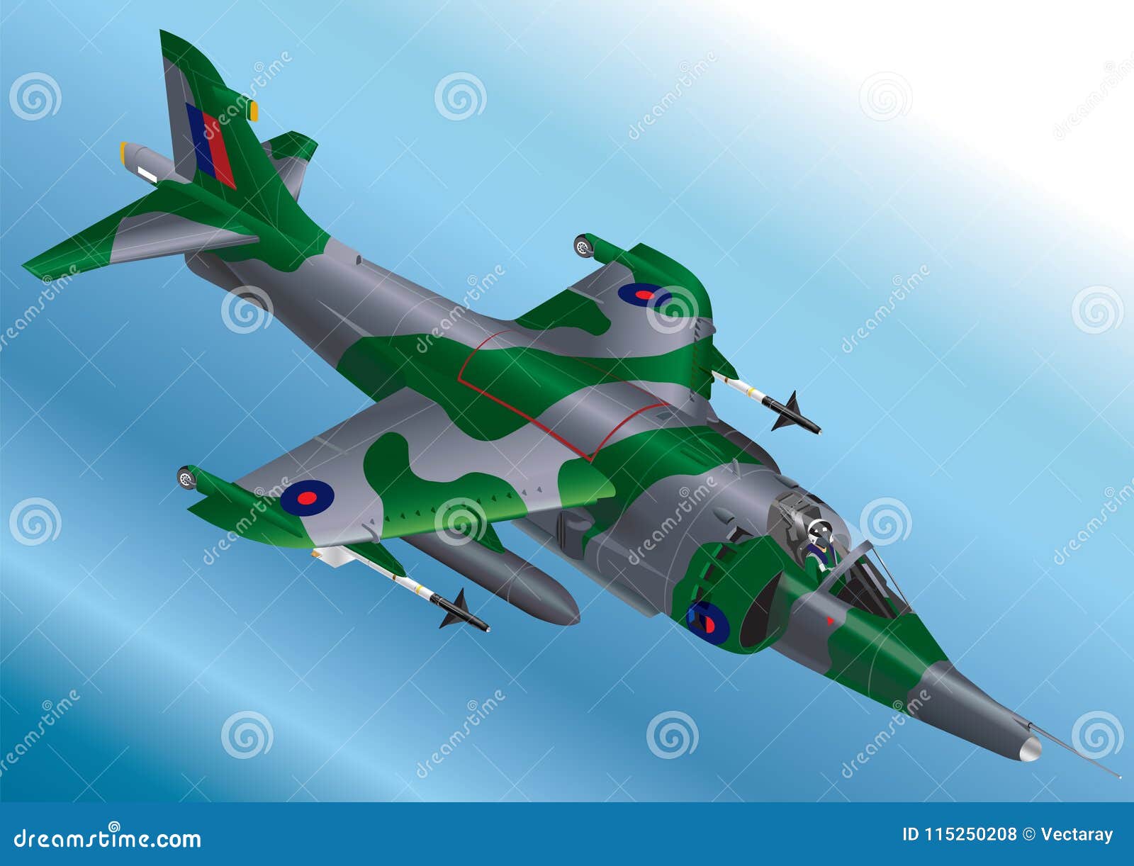 A ilustração isométrica detalhada do vetor de um vertical dos E.U. Marine Corp AV-8A/AV-8B decola o harrier de Jet Fighter. A ilustração isométrica detalhada do vetor de um vertical dos E.U. Marine Corp AV-8A/AV-8B decola Jet Fighter Airborne