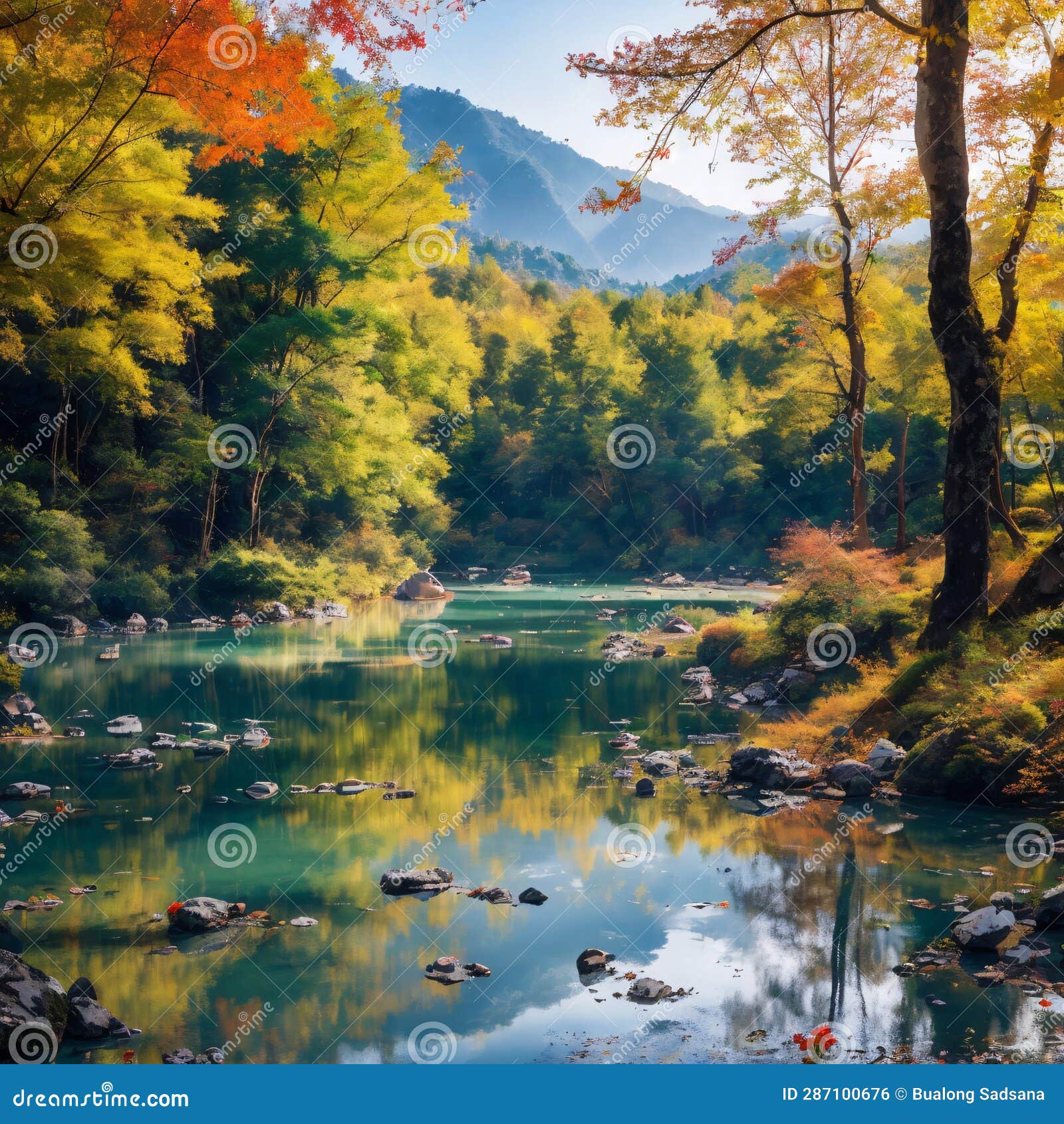 An Amazing View Of The Panda Lake Among The Colorful Fall Forest At The