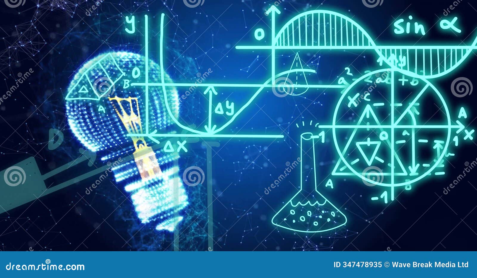 image of atomic diagrams over light bulb and networks on blue background