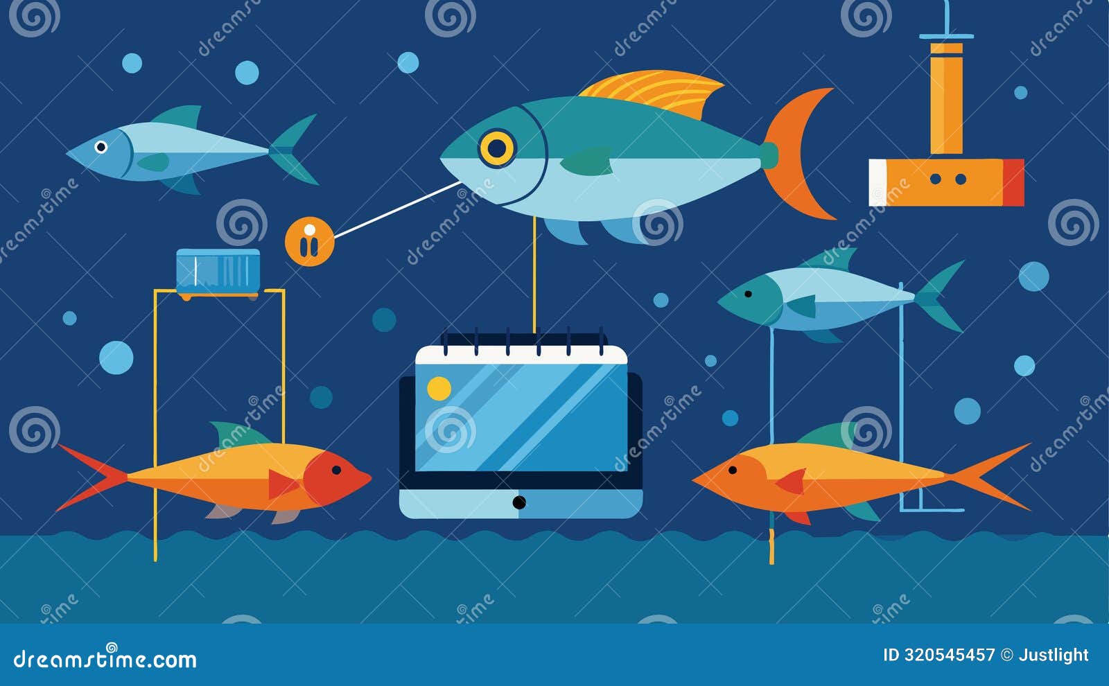 an image of a automatic fish harvesting system controlled by iot sensors and cameras to accurately identify and retrieve
