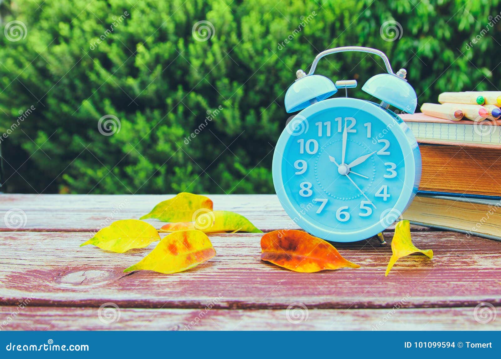 image of autumn time change. fall back concept. dry leaves and vintage alarm clock