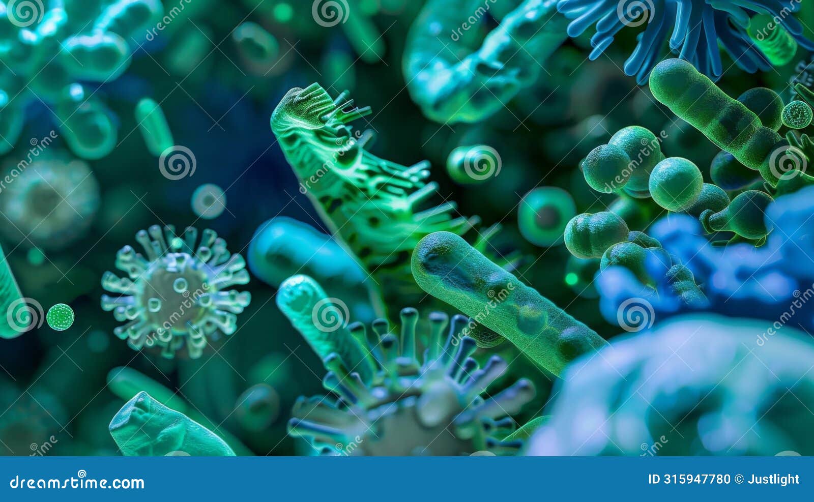 an image of bacterial aggregates in varying shades of green and blue highlighting the diverse microbial species present