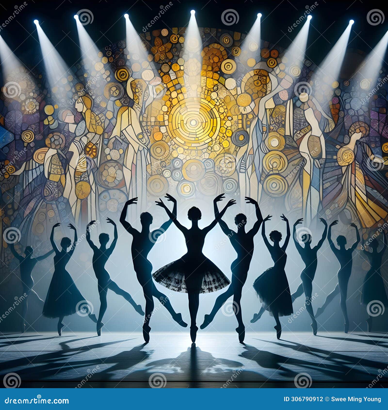 image of ballet dancer in silhouette on stage in gustav klimt style.