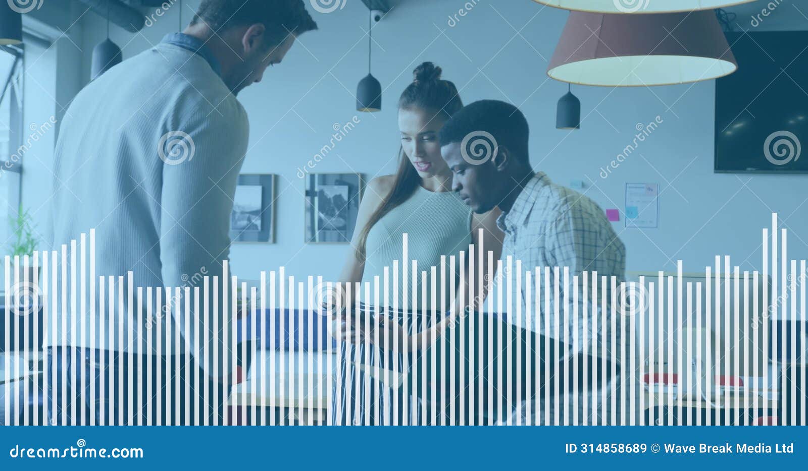 image of bar graph moving over diverse colleagues with tablet discussing report in office