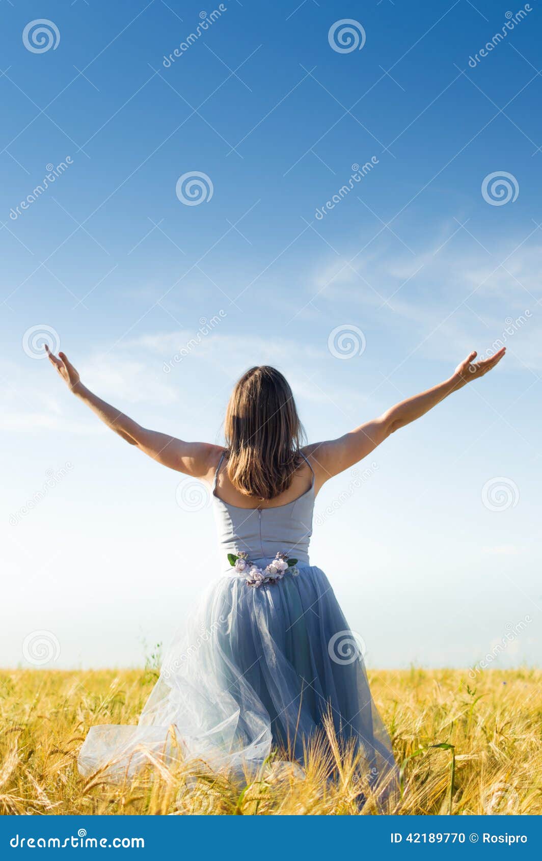 image of beautiful blond young woman wearing long blue ball dress with arms wide expand looking up on wheat field and blue sky