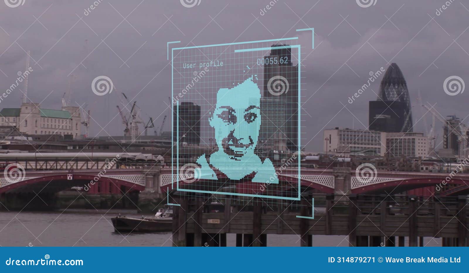 image of biometric photo and data processing over london cityscape
