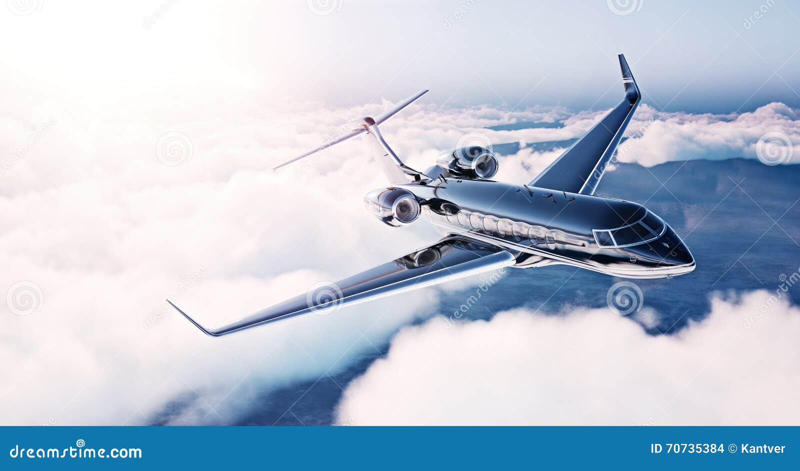 image of black luxury generic  private jet flying in blue sky at sunrise. huge white clouds background. business