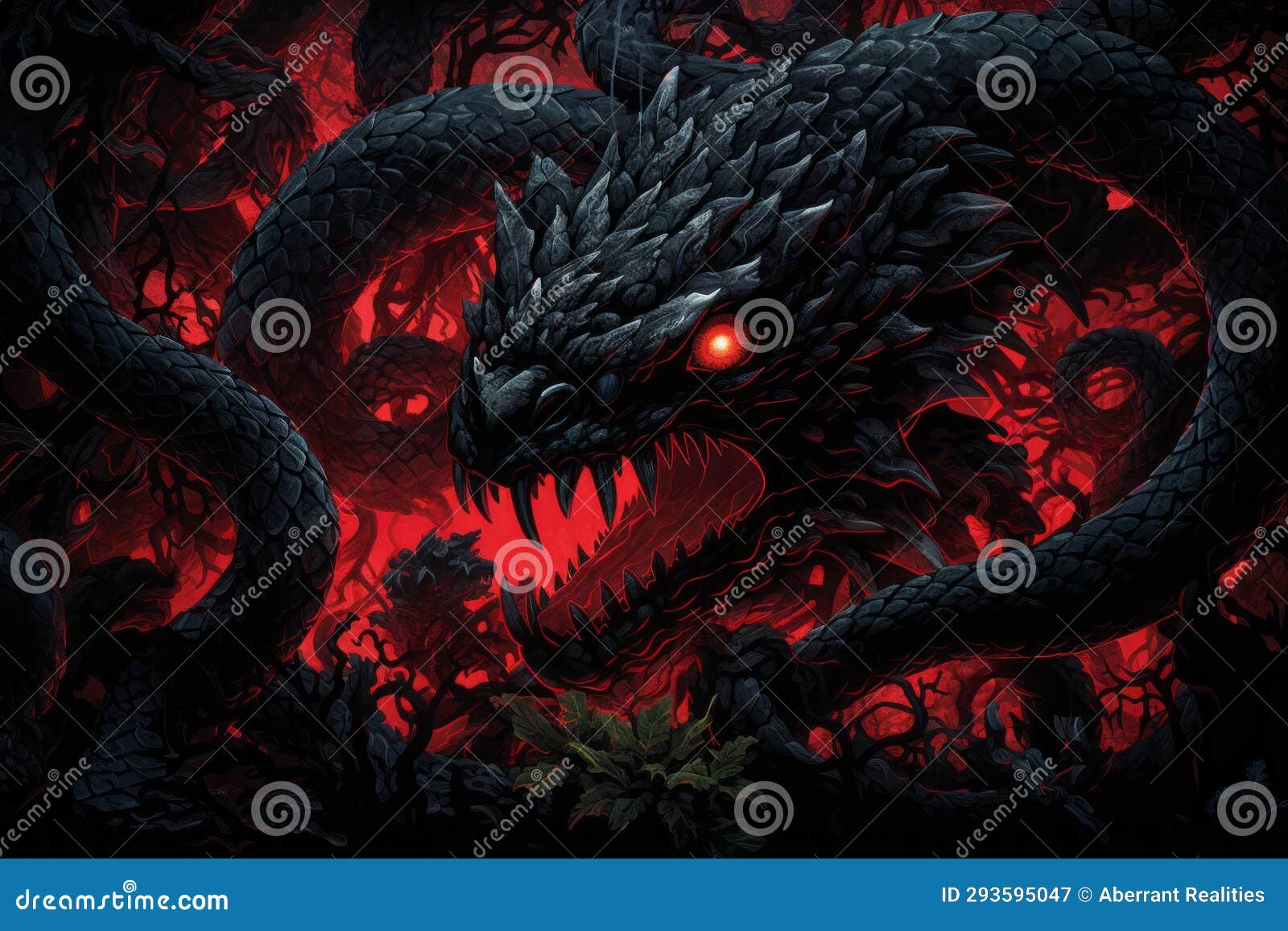 An Image of a Black Snake with Red Eyes on a Dark Background Stock