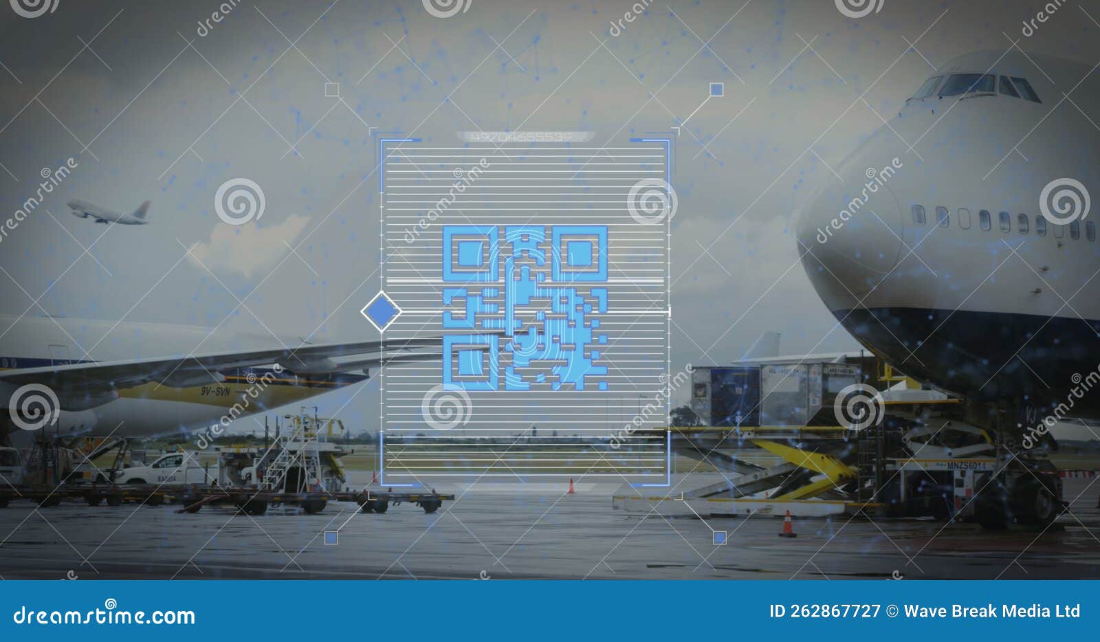 Image of a Blue QR Code Over an Airplane Taking Off Stock Image - Image