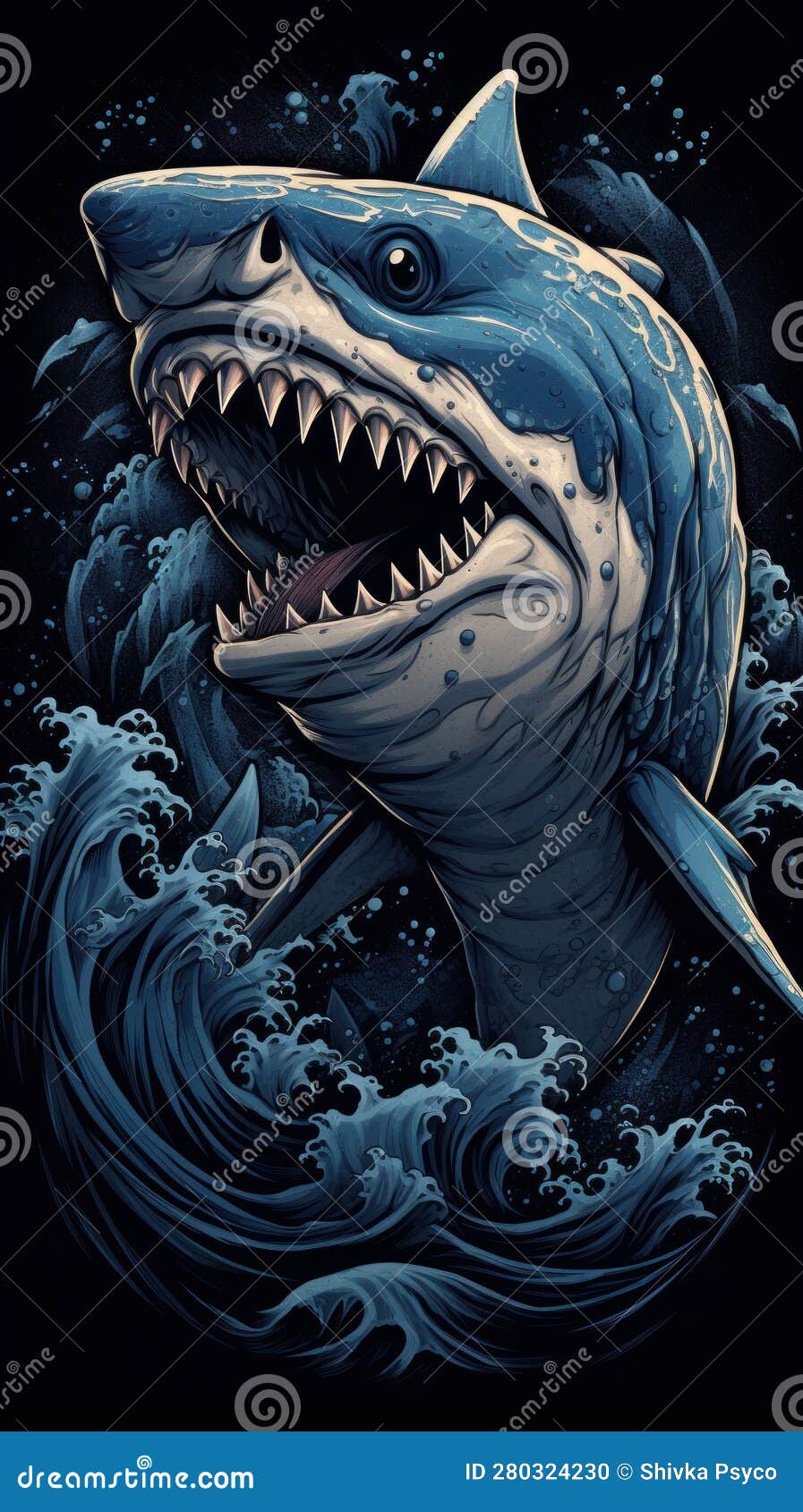 image of blue shark in the art in the style of nightmarish generative ai