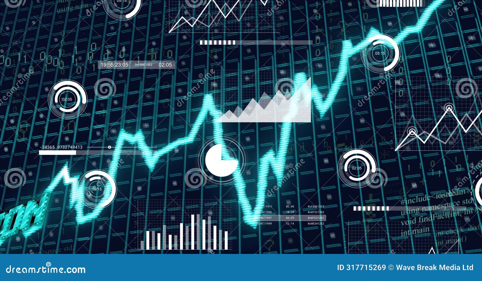 image of blue stagflation text, graph and grid with data processing on black background